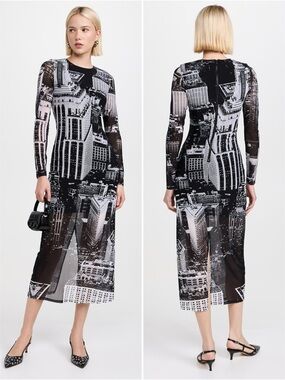 Alice + Olivia Delora Midi Dress NYC Skyline Print Mesh Sheer Bodycon Size 12